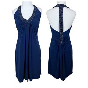 Alex Evenings Dress 4P Navy Blue Pleated Beaded‎ Halter V-Neck Padded Bust Party